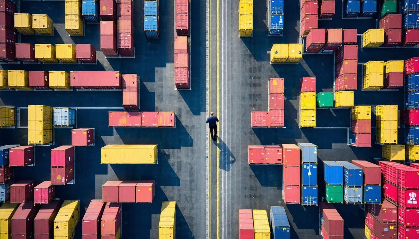 A figure that looks like US president Trump from above walking through a maze of shipping containers