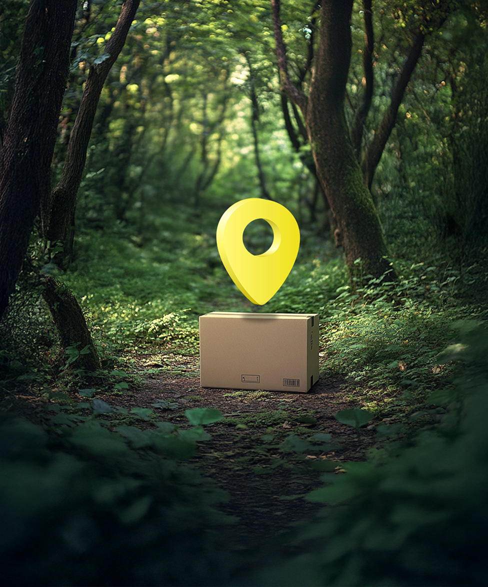 Package with location marker in a green forest